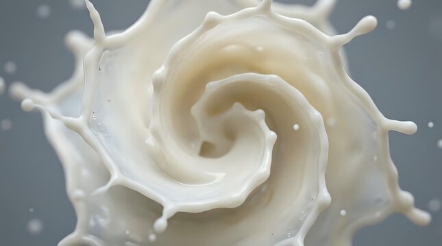 Creamy white milk splash forming spiral swirl pattern with dynamic liquid motion and droplets, suitable for dairy, beverage, and food advertising campaigns.