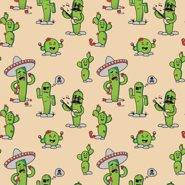 Seamless pattern with cute Mexican cactus characters, guitar, sombrero and maracas, cartoon vector background for fabric and wallpaper