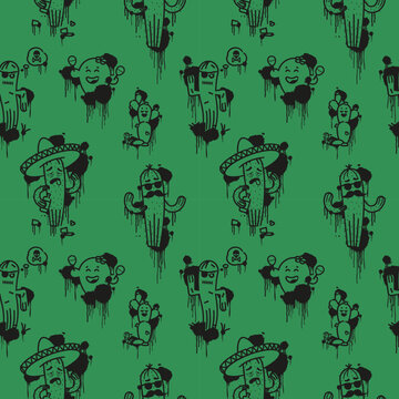 Seamless pattern with cute Mexican cactus characters, guitar, sombrero and maracas, cartoon vector background for fabric and wallpaper