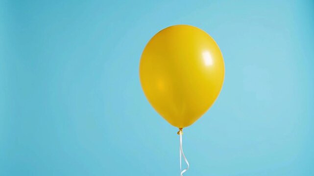 Yellow balloon floating against blue background. Bright air decor for party celebration. Minimalist holiday element representing happiness and festive atmosphere.