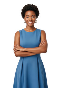 Confident woman in blue dress with arms crossed