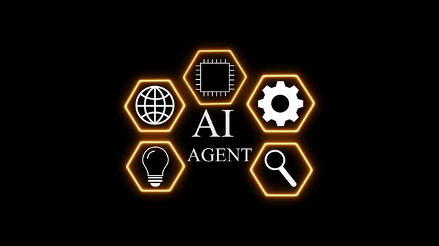 showing five glowing hexagon ai agent icons in orang neon, dark tech setting shows smart technology, 4k video.