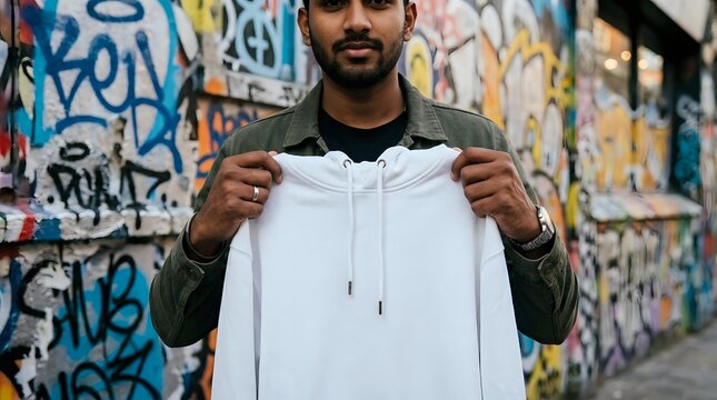 Male model with dark hair and beard, South Asian ethnicity, wearing casual streetwear, holding white hoodie against colorful graffiti wall backdrop for fashion and urban lifestyle marketing.