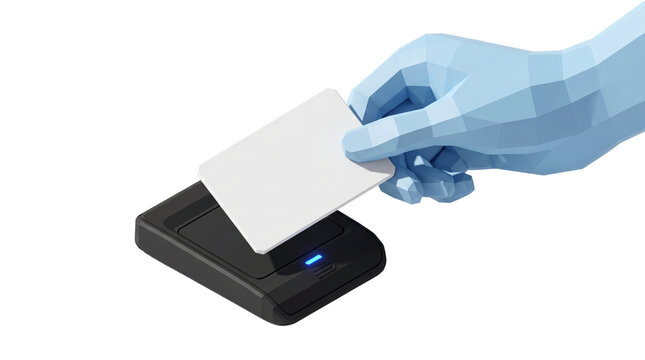 Contactless payment transaction with low poly hand, wireless rfid card reader and smart card, digital banking and secure fintech concept isolated PNG with Transparent Background