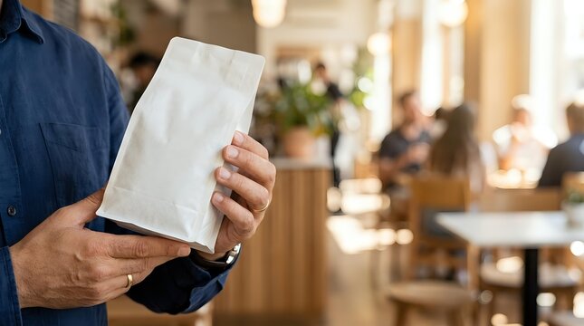 Man in dark blue shirt holding white napkin or paper towel in restaurant or cafe setting with blurred background and other guests dining.