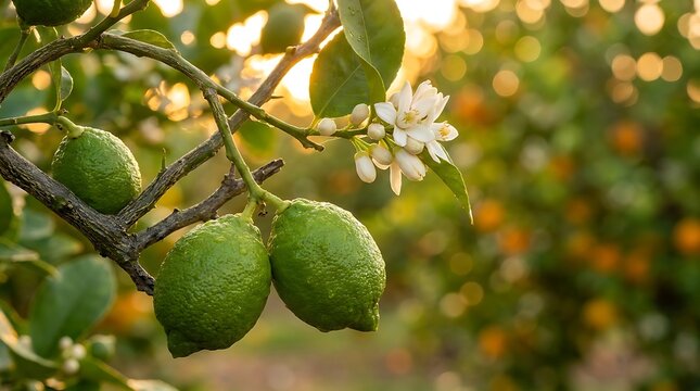 Close up of fresh green lemons hanging on a tree branch with white blossoms in a sunny citrus orchard garden