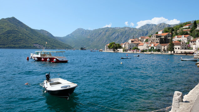 Small White Boat in the Bay of Kotor, Perast, Montenegro