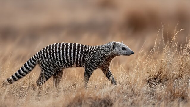 Banded mongoose walks through dry golden grass in an open savanna environment during the afternoon.