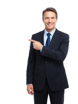 Smiling Businessman in Suit Pointing Finger at Copy Space
