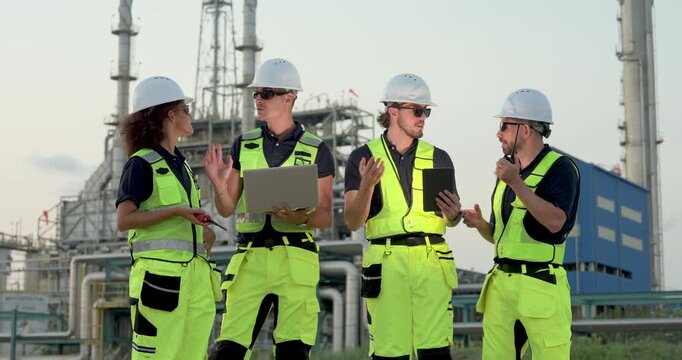 Multiracial refinery field team reviews laptop and tablet beside processing unit, discussing pipeline inspection checklist, maintenance coordination, operational safety reporting onsite.