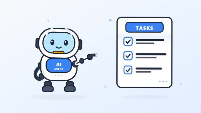 Cartoon AI Agent Character Pointing at Digital Task List Checklist