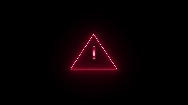 A glowing red neon triangle with an exclamation mark warns of danger on a plain black background