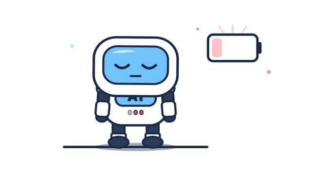 Cute AI robot character with low battery status animation