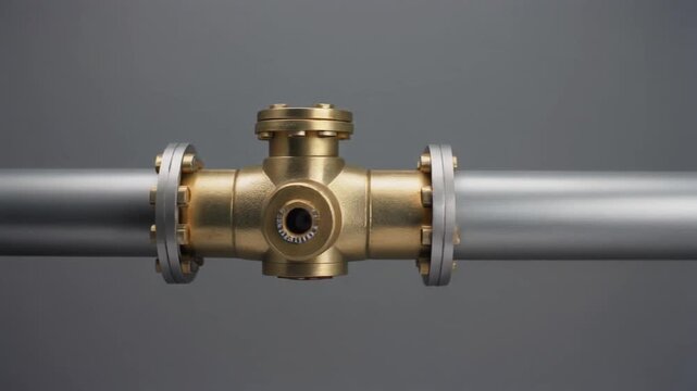 Minimalist brass water valve against a neutral background for municipal water conservation programs, government infrastructure reports, and ESG websites. Professional stock video.
