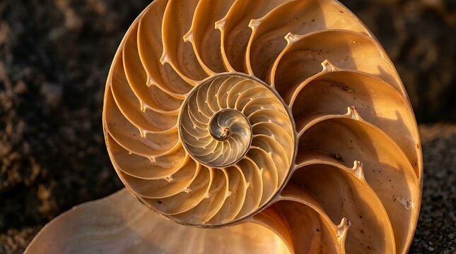 Nautilus shell spiral pattern close-up for natural geometry concept