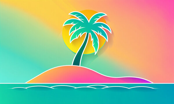 tropical green palm tree on a pink island with a yellow sun and stylized turquoise ocean waves under a colorful gradient sky with soft shadow