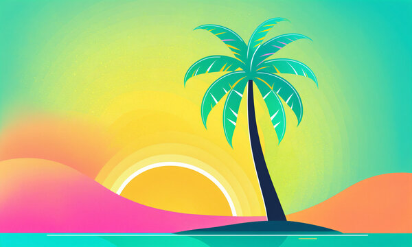 tall tropical palm tree on a dark island beside a huge yellow sun near pink hills and calm turquoise ocean water under a bright colorful sky