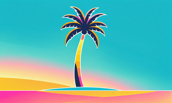 minimalist tropical palm tree with colorful fronds on a small island between a bright turquoise sky and a yellow pink gradient horizon landscape