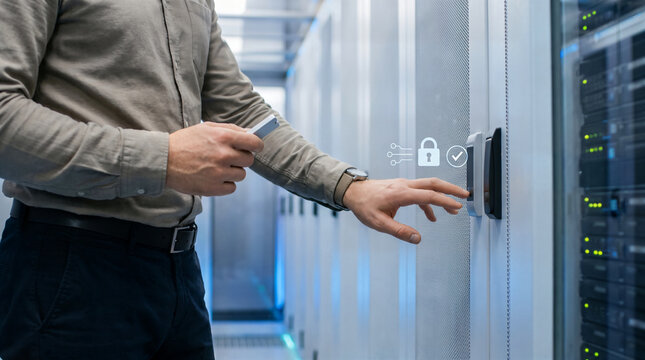 IT engineer unlocking server rack with secure electronic access