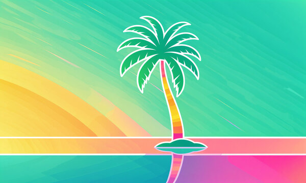 colorful tropical palm tree with a white outline on a small island in calm ocean water under a turquoise yellow and pink gradient sky with a horizontal line
