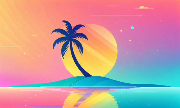 curved tropical palm tree on a dark blue island in front of a huge striped yellow sun over calm ocean water under a pink and teal gradient sky