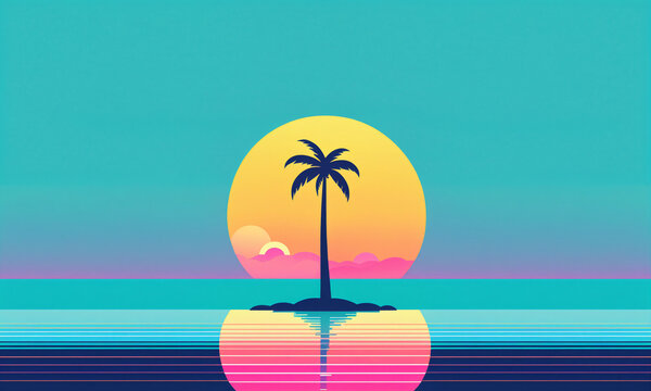 curved tropical palm tree on a dark blue island in front of a huge striped yellow sun over calm ocean water under a pink and teal gradient sky