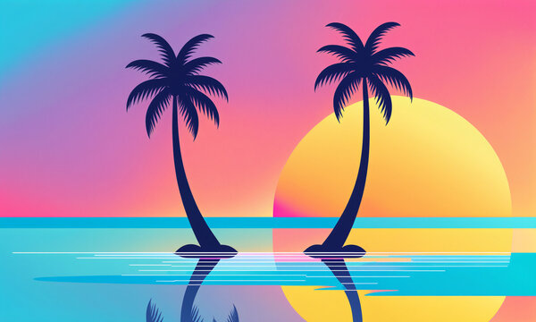 two tropical palm trees on separate small islands beside a glowing yellow sun over calm ocean water in vibrant pink purple and cyan retro colors