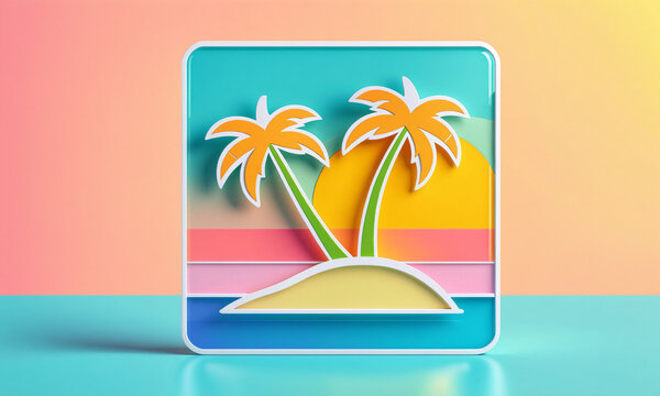 stylized square plaque with two palm trees on a small tropical island with a bright yellow sun and colorful horizon stripes on a smooth turquoise surface