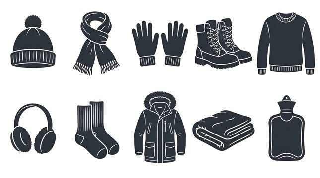 Winter clothing and accessories silhouette set with beanie scarf gloves boots sweater jacket socks and earmuffs vector illustration