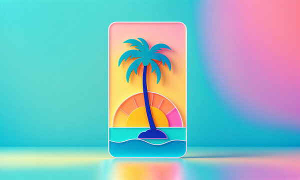 vertical rectangular card showing a turquoise palm tree on a dark blue island with a setting sun and ocean waves on a smooth reflective cyan surface