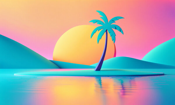 stylized tropical landscape with a turquoise palm tree on a small island in calm water reflecting a large yellow sun and blue hills under a gradient sky