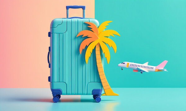 light turquoise luggage suitcase on wheels standing next to a yellow palm tree model with a small white passenger airplane on a pastel split backdrop