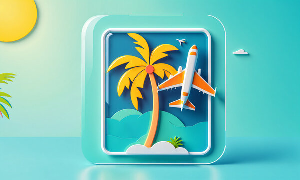 framed 3d tropical scene showing an orange airplane flying beside a yellow palm tree on an island with a yellow sun and clouds over turquoise surface