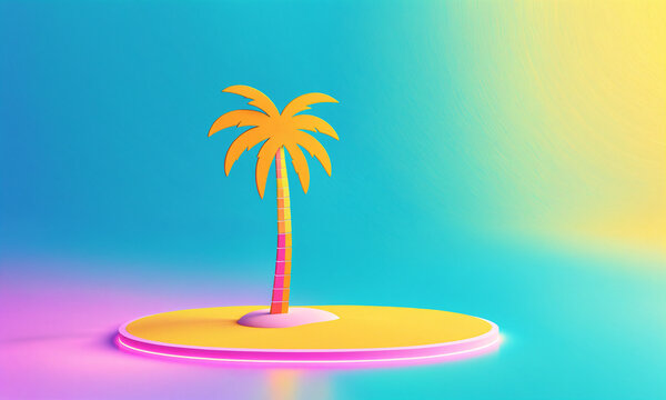 single stylized yellow palm tree standing on a round island podium illuminated by a pink neon glow against a blue and purple gradient studio backdrop
