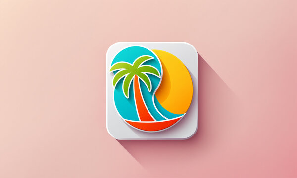 rounded square icon of a stylized tropical beach scene with a palm tree curving water sand and an orange sun on a pink surface