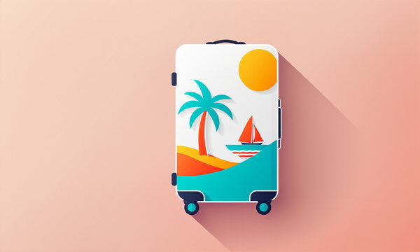 a white rolling luggage suitcase displaying a tropical landscape with a turquoise palm tree, bright yellow sun, sand dune, and a red sailboat on the water