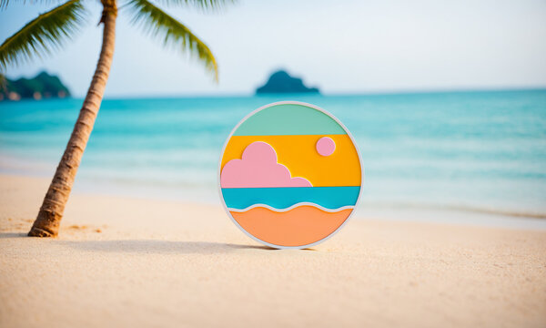 circular emblem with a stylized summer sunset scene on a sand beach near a palm tree trunk and blurred island over the ocean