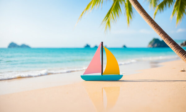 small colorful wooden toy sailboat on a tropical sand beach near a palm tree trunk with calm blue ocean and blurred islands in the distance