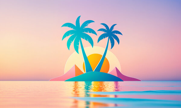 3d render of a stylized tropical island with two palm trees geometric mountains and a large sun with its reflection on calm ocean water during sunset
