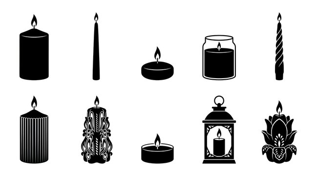 Burning candle silhouette set with pillar taper tea light jar spiral and decorative candles vector illustration