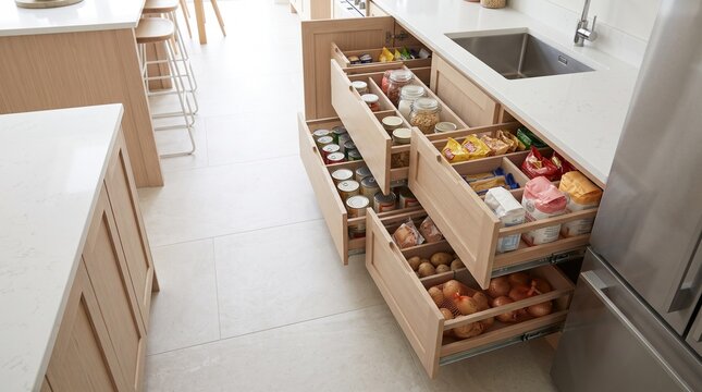 Deep pantry drawers with adjustable dividers, organized cans jars and produce in modern family kitchen