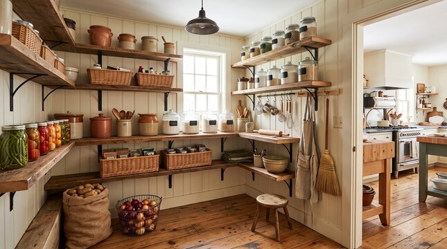 Farmhouse pantry with reclaimed wood shelves, baskets, crocks and preserved food in rustic home interior
