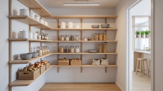 Scandinavian pantry with pale wood shelves, glass jars and simple organized food storage beside minimalist kitchen