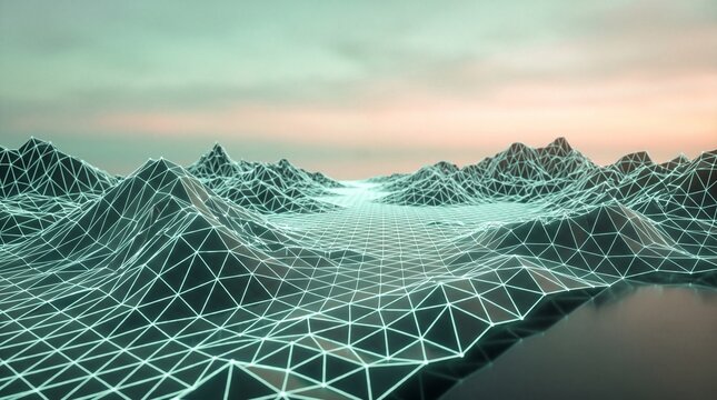 A glowing mint green wireframe grid forms rolling digital mountain terrain beneath a soft peach gradient horizon.