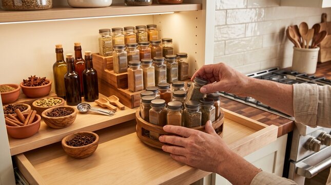 Spice pantry close up, hands selecting jar from rotating tray and organized stepped shelves