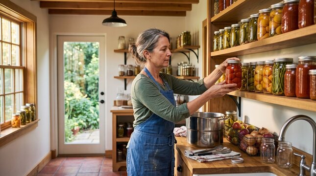 Canning pantry, mature woman storing preserved vegetables and fruit in organized glass jars