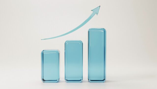 Three blue glass bar charts with an upward trending arrow