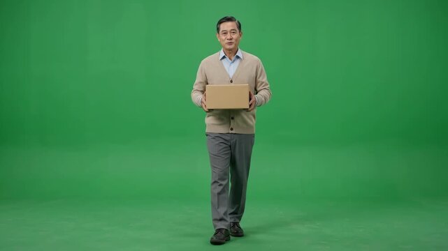 A man in a beige cardigan and grey trousers walks towards the camera holding a cardboard box on a green screen.