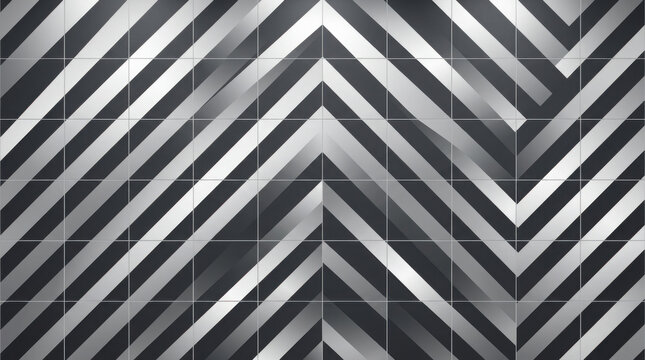 Metallic silver and dark gray chevron pattern on square tiles for interior wall generated using ai