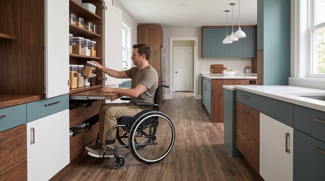 Wheelchair accessible pantry with lowered shelves, wide aisle and reachable pull out storage in modern kitchen